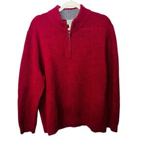 Red LL Bean Sweater  Shetland Wool Elbow Patches Quarter Zip Pullover size XL